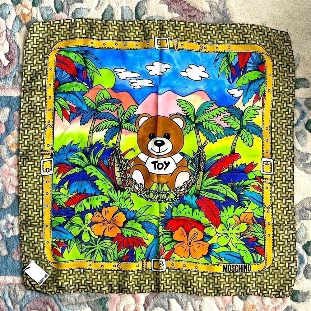 Brand New Moschino 100% Silk Square Teddy Bear Scarf Jungle Tropical Hawaii